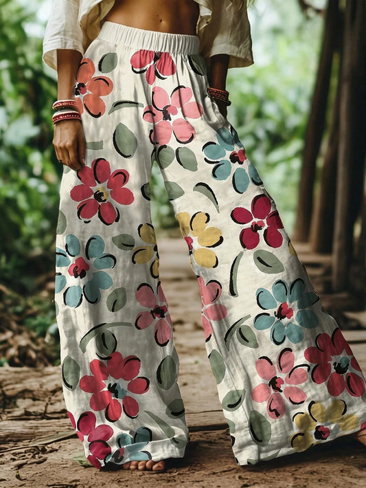 Zayélia Women's Bohemian Style Watercolor Floral Print Wide Leg Pants, Vacation
