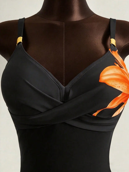 Zestiva Hot Selling Spring/Summer Beach Vacation Adjustable Strap Metal Accessory Floral Print Swimsuit 2 Pieces Set (Strap + Triangle Bottoms)