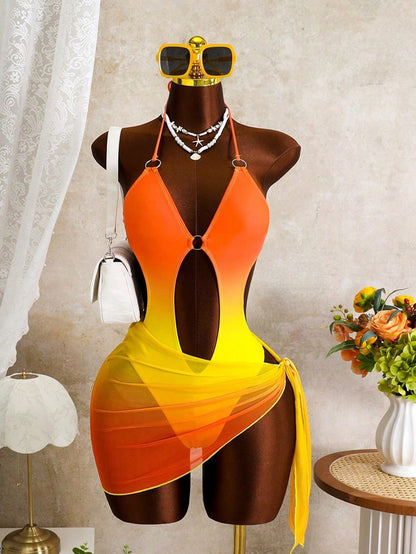 Zestiva Women's Sexy Halter Backless Ombre Digital Print One-Piece Swimsuit With Gradient Mesh Skirt, Suitable For Beach Vacation In Spring, Summer And Autumn