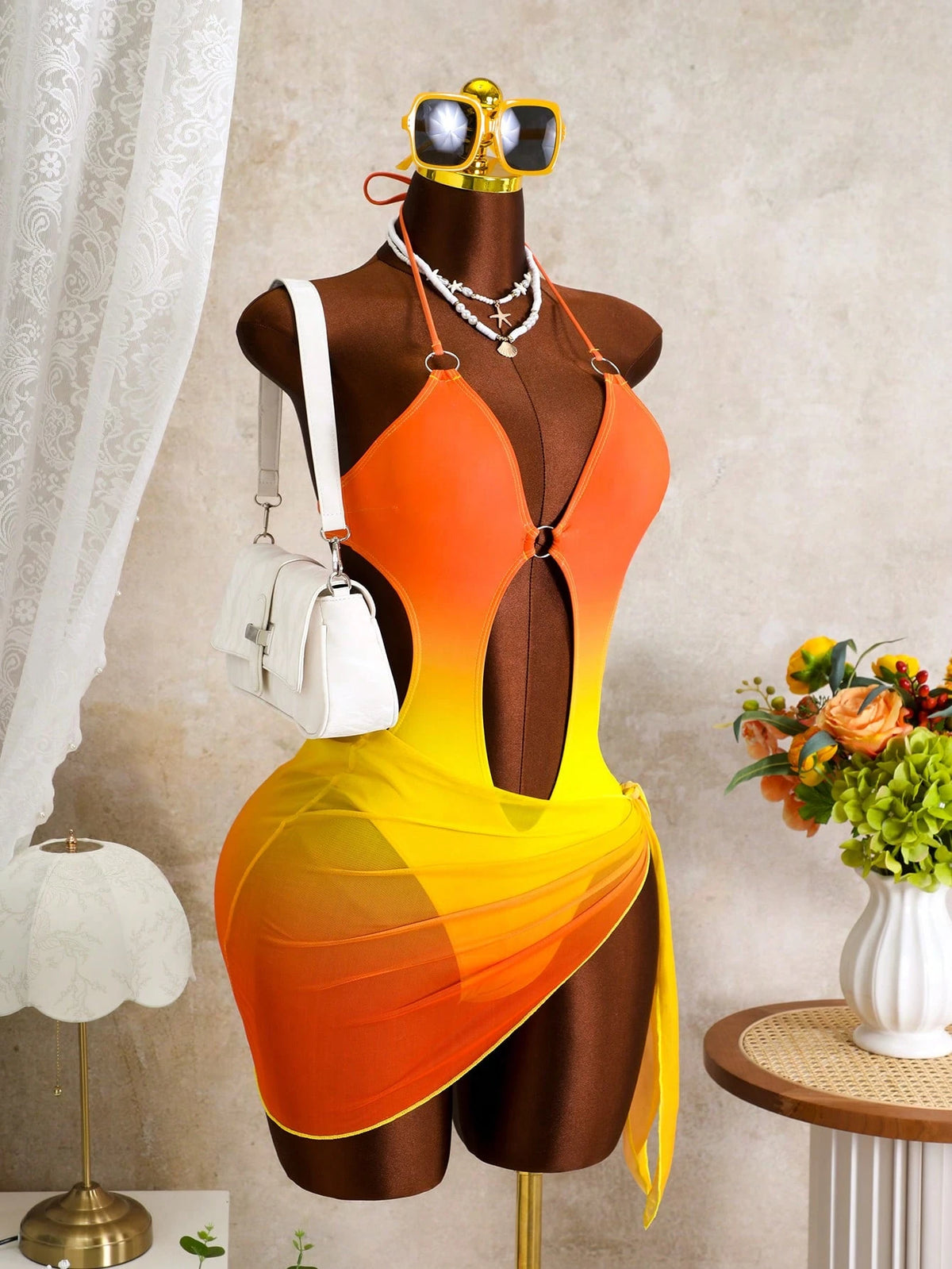 Zestiva Women's Sexy Halter Backless Ombre Digital Print One-Piece Swimsuit With Gradient Mesh Skirt, Suitable For Beach Vacation In Spring, Summer And Autumn