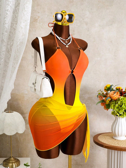 Zestiva Women's Sexy Halter Backless Ombre Digital Print One-Piece Swimsuit With Gradient Mesh Skirt, Suitable For Beach Vacation In Spring, Summer And Autumn