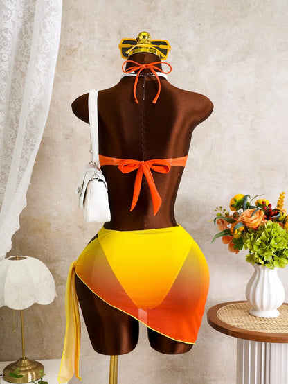 Zestiva Women's Sexy Halter Backless Ombre Digital Print One-Piece Swimsuit With Gradient Mesh Skirt, Suitable For Beach Vacation In Spring, Summer And Autumn